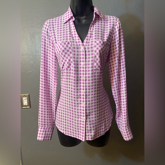 EXPRESS Purple and White Gingham Button Down Blouse - Picture 1 of 16